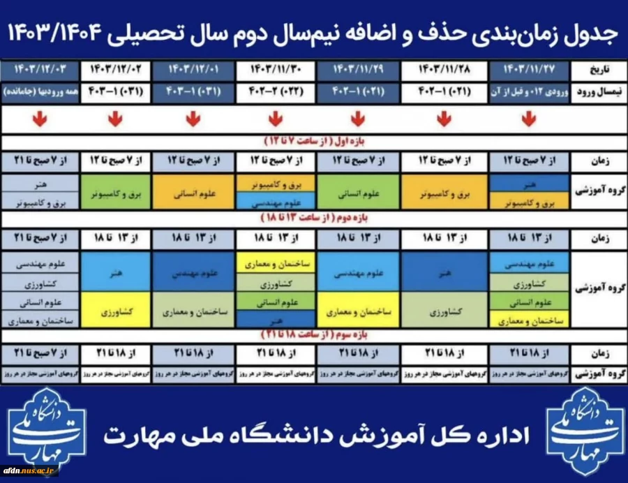 جدول زمان بندی حذف واضافه نیمسال بهمن 1403-ترم 032 2