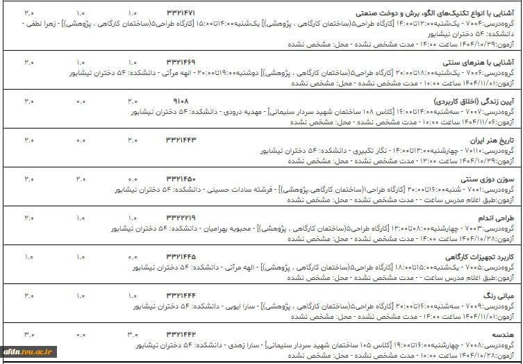 ***برنامه کلاسی گروه  اول و دوم  کاردانی طراحی دوخت ***