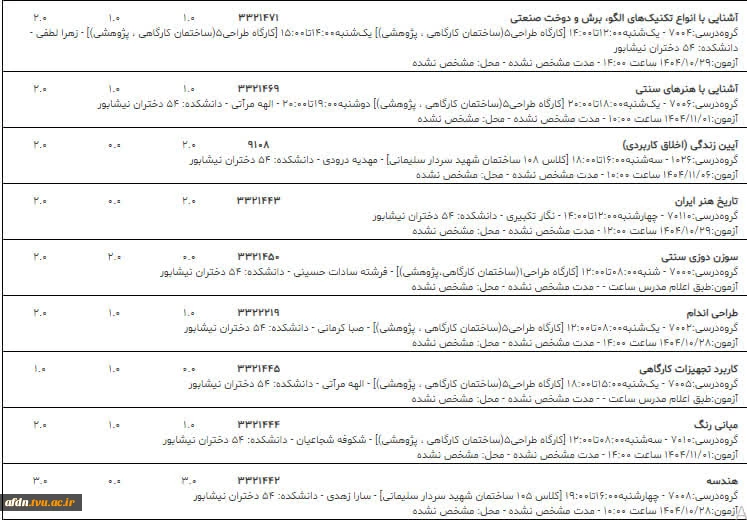 ***برنامه کلاسی گروه   کاردانی طراحی دوخت ***