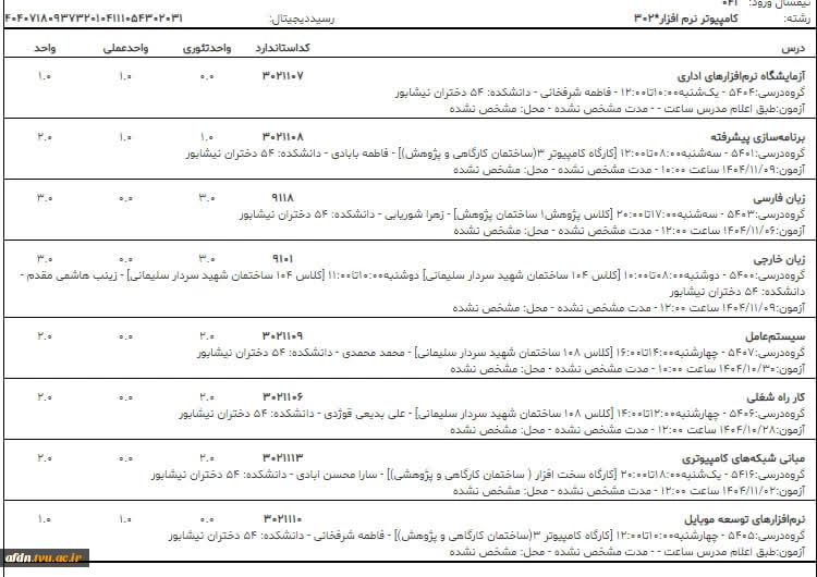 ***برنامه کلاسی گروه  کاردانی کامپیوتر ***