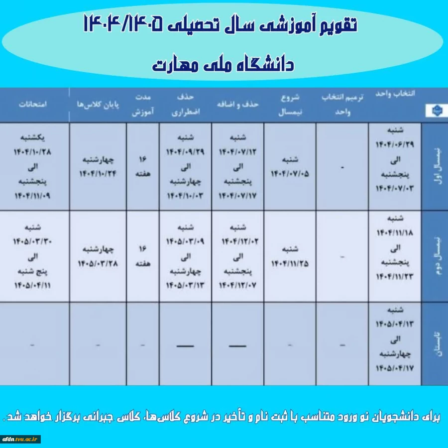 *تقویم آموزشی سال تحصیلی ۱۴۰۴/۱۴۰۵  دانشگاه ملی مهارت *
 
 2