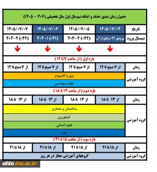 جدول زمانبندی حذف و اضافه نیم سال اول سال تحصیلی 1406-1405